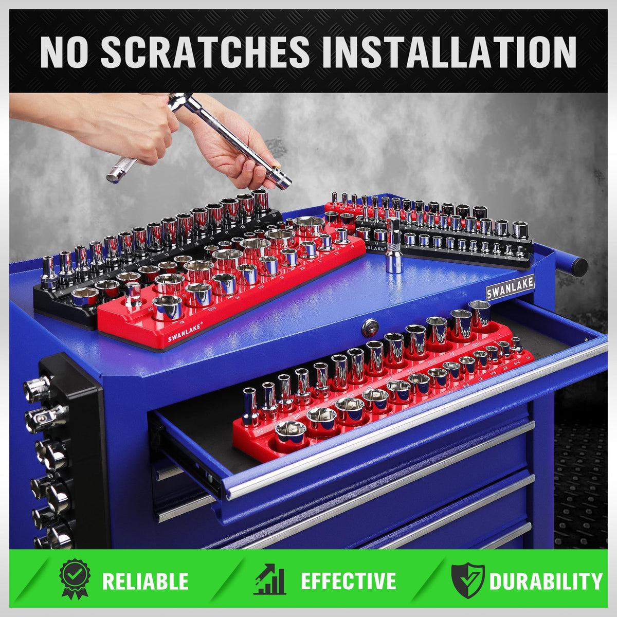 SWANLAKE GARDEN TOOLS sockets seated in tray illustrating secure fit and protection
