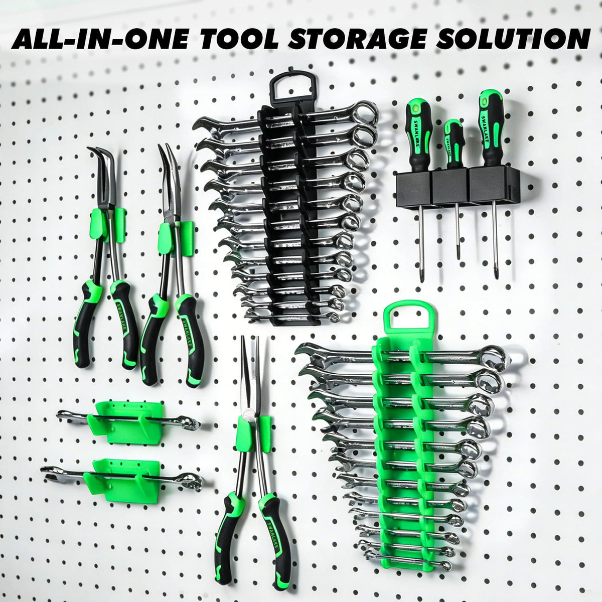 SWANLAKE GARDEN TOOLS mounted on a metal toolbox for clutter-free storage