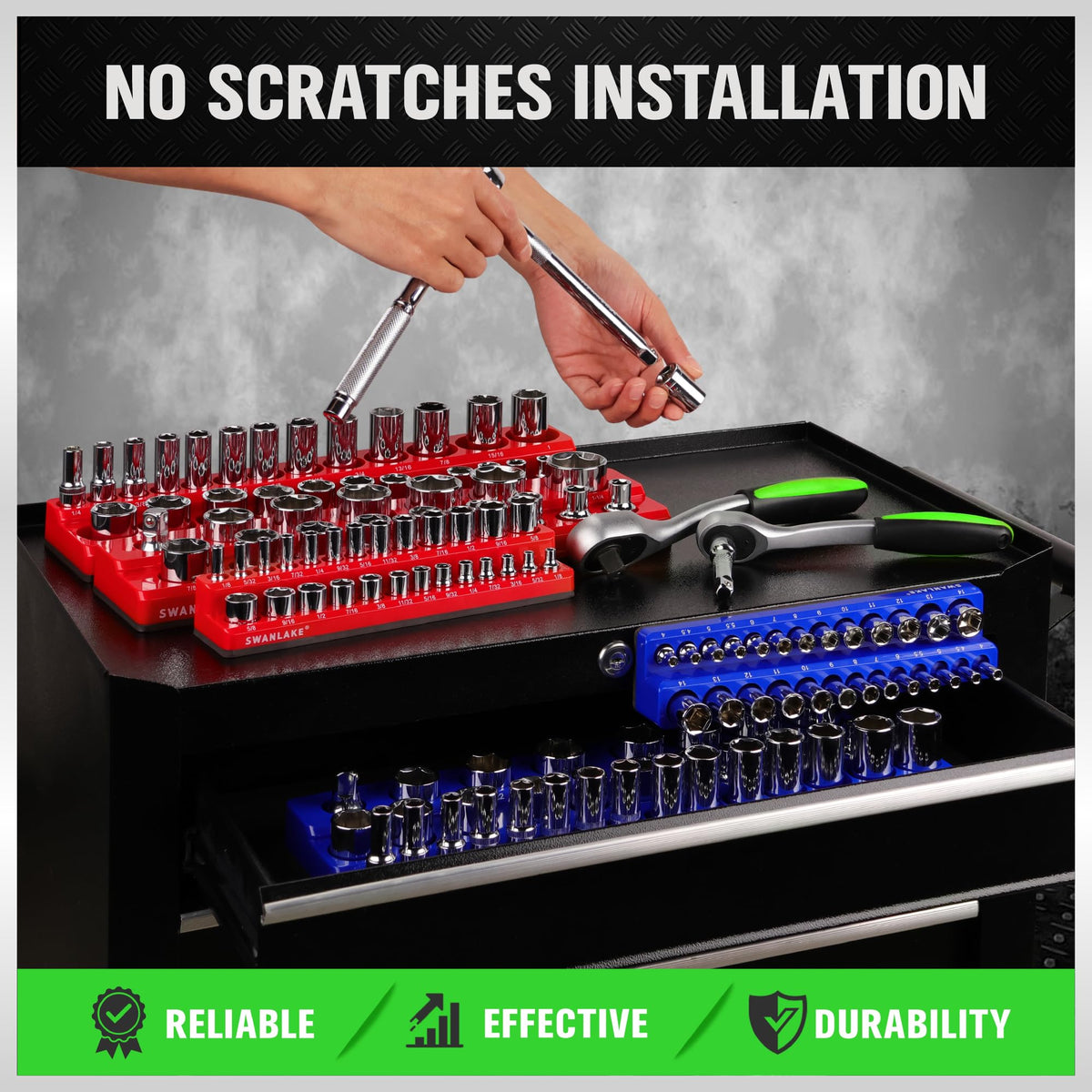 SWANLAKE GARDEN TOOLS three red SAE trays organized by drive for easy access