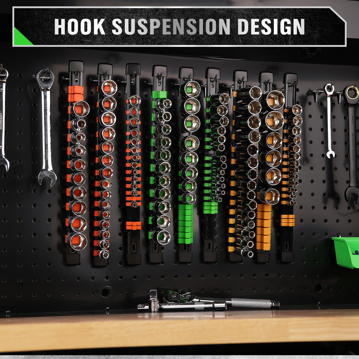 SWANLAKE GARDEN TOOLS rail system mounted on workbench for efficient organized workflow