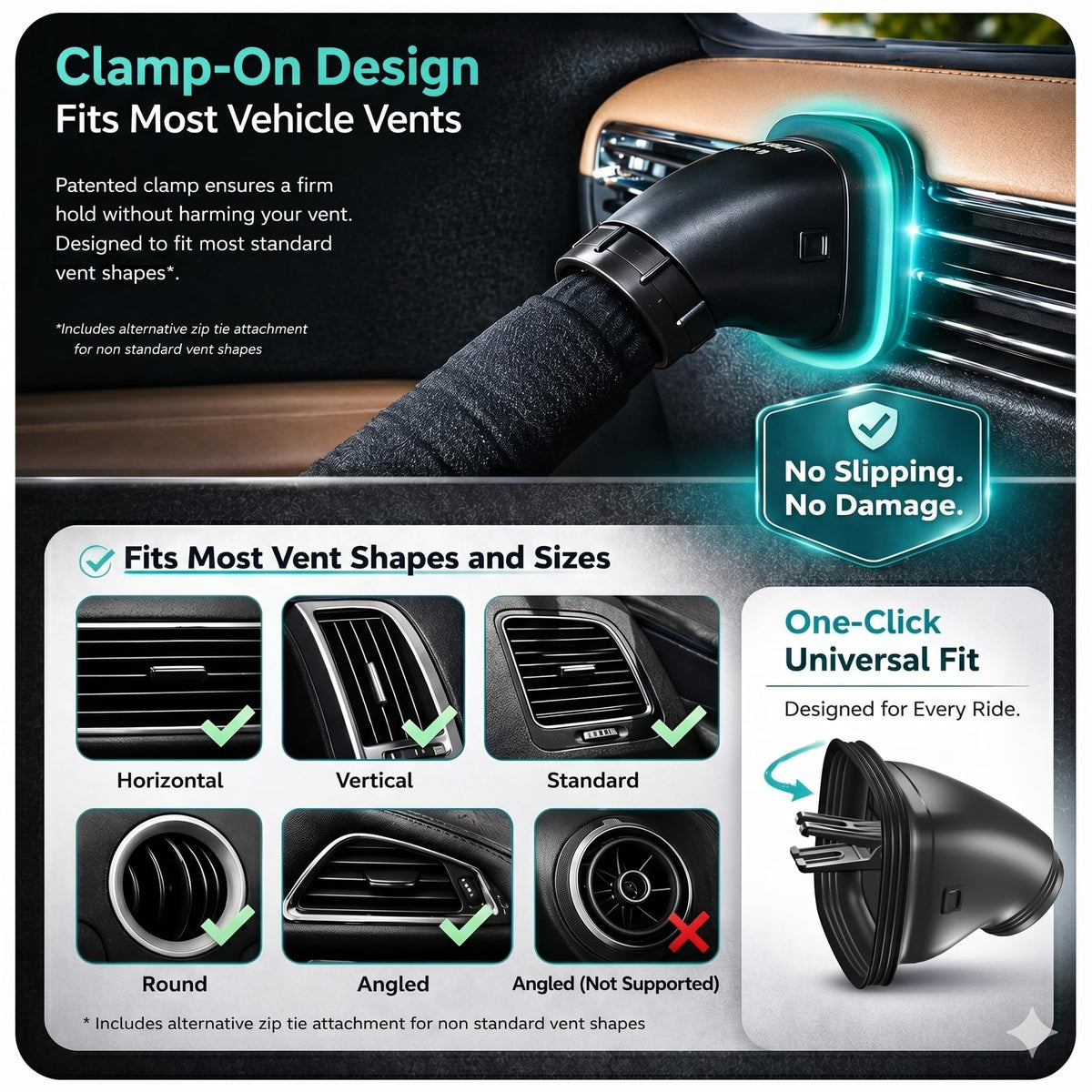 Swanoo BreezyBack installed on dashboard vent demonstrating universal-fit design