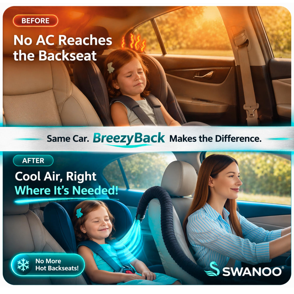 Swanoo BreezyBack keeping pet comfortable in rear seat with directed airflow