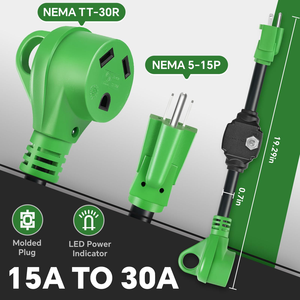 Sweetglow close-up of NEMA 5-15P and TT-30R plug ends for secure connections