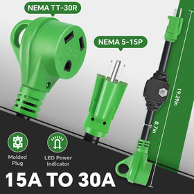 Sweetglow close-up of NEMA 5-15P and TT-30R plug ends for secure connections