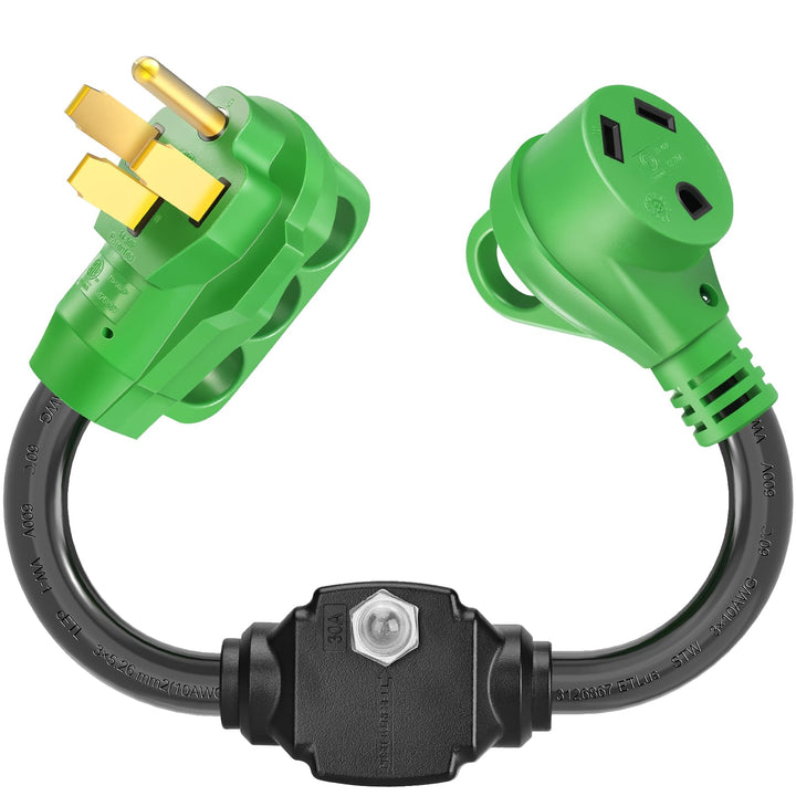 Sweetglow front view of NEMA 14-50P to TT-30R adapter showing secure connection benefit