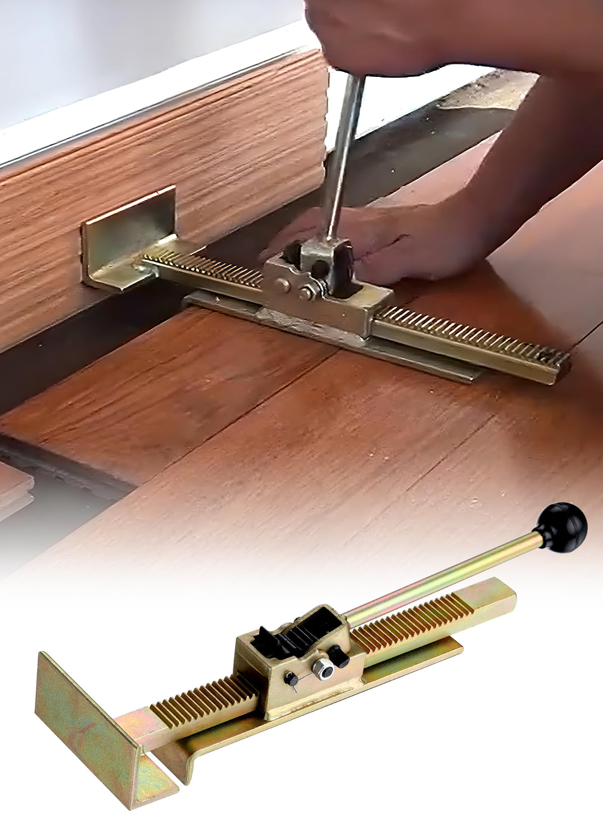 Swellisher jack beside ruler for scale showing compact size for tight spaces and portability