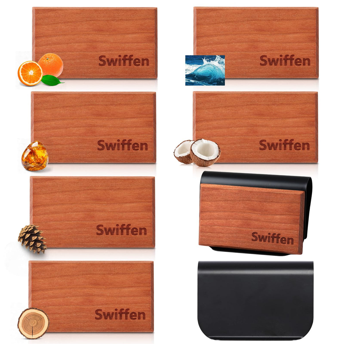 Swiffen front view showing disc pack and metal visor clip, highlights convenience