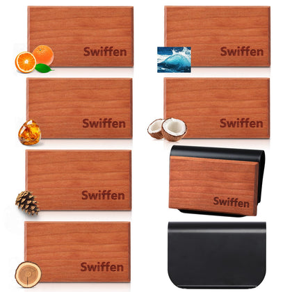 Swiffen front view showing disc pack and metal visor clip, highlights convenience