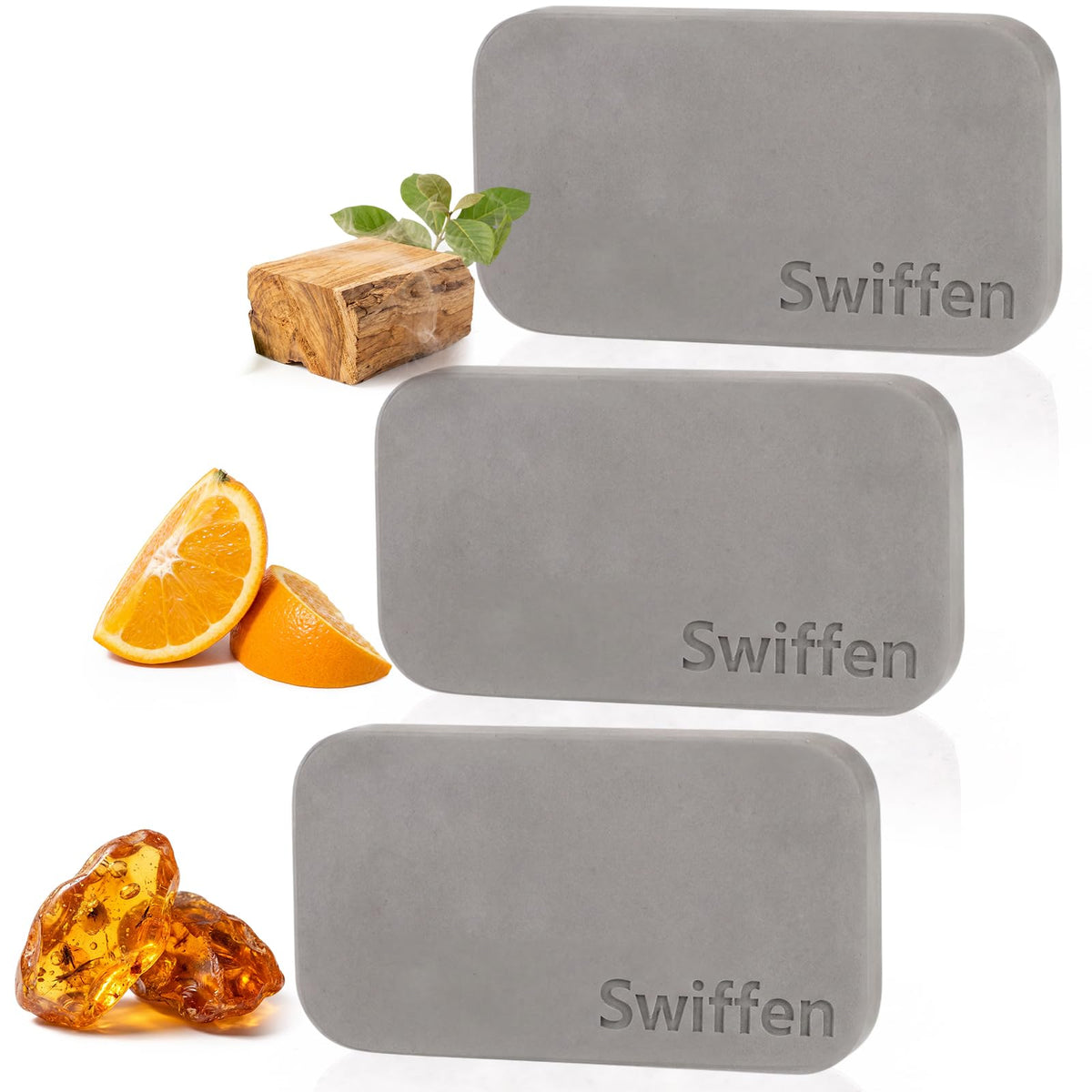 Swiffen front view of three gray stone fresheners showing neat packaging and quick benefit