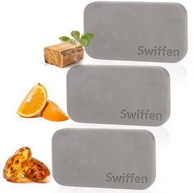 Swiffen front view of three gray stone fresheners showing neat packaging and quick benefit