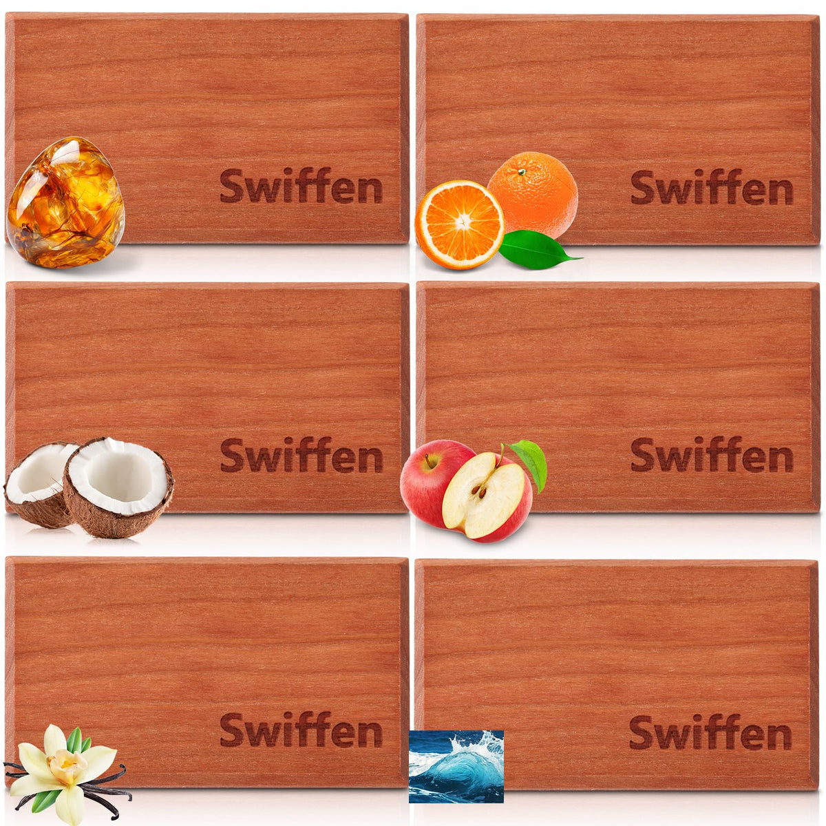 Swiffen front packaging showing six sealed cherry wood refills and scent labels providing easy selection