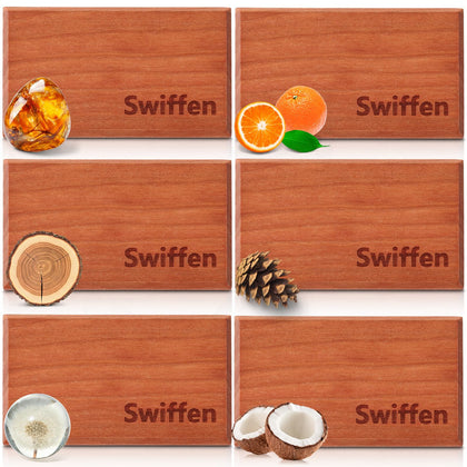 Swiffen front packaging showing six sealed cherry wood refills and scent names