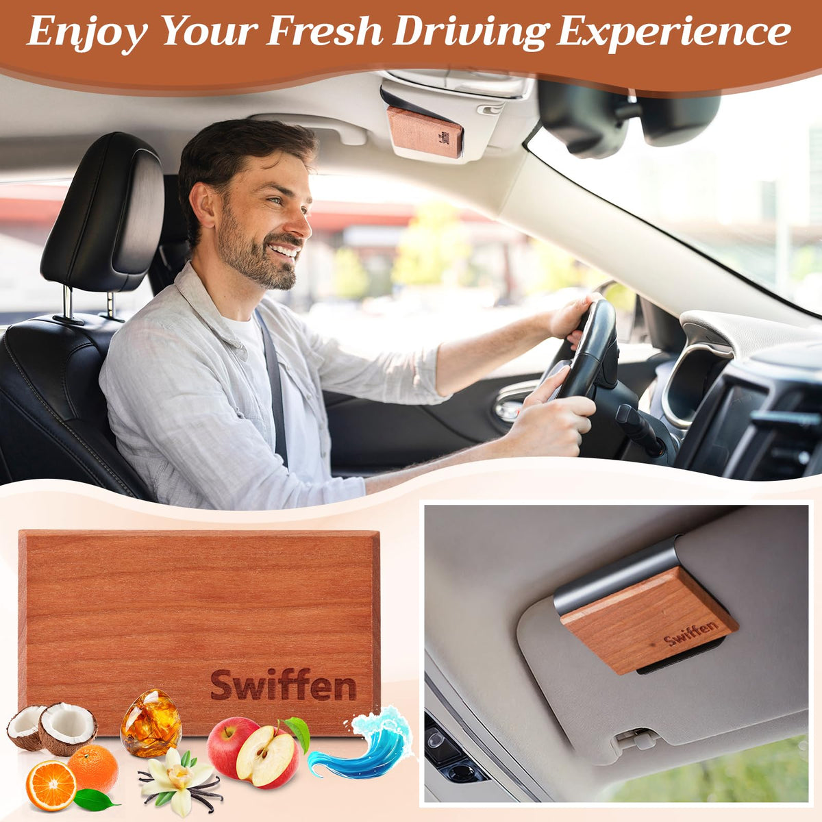 Swiffen hanging on car sunvisor with aftermarket clip showing hands-free scent dispersion while driving