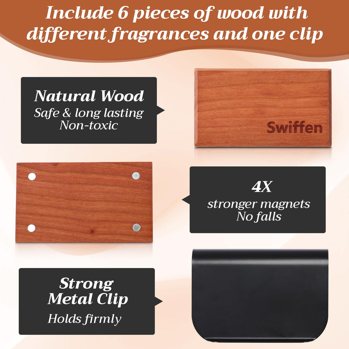 Swiffen six scented wood discs displayed, illustrates variety of fragrance options