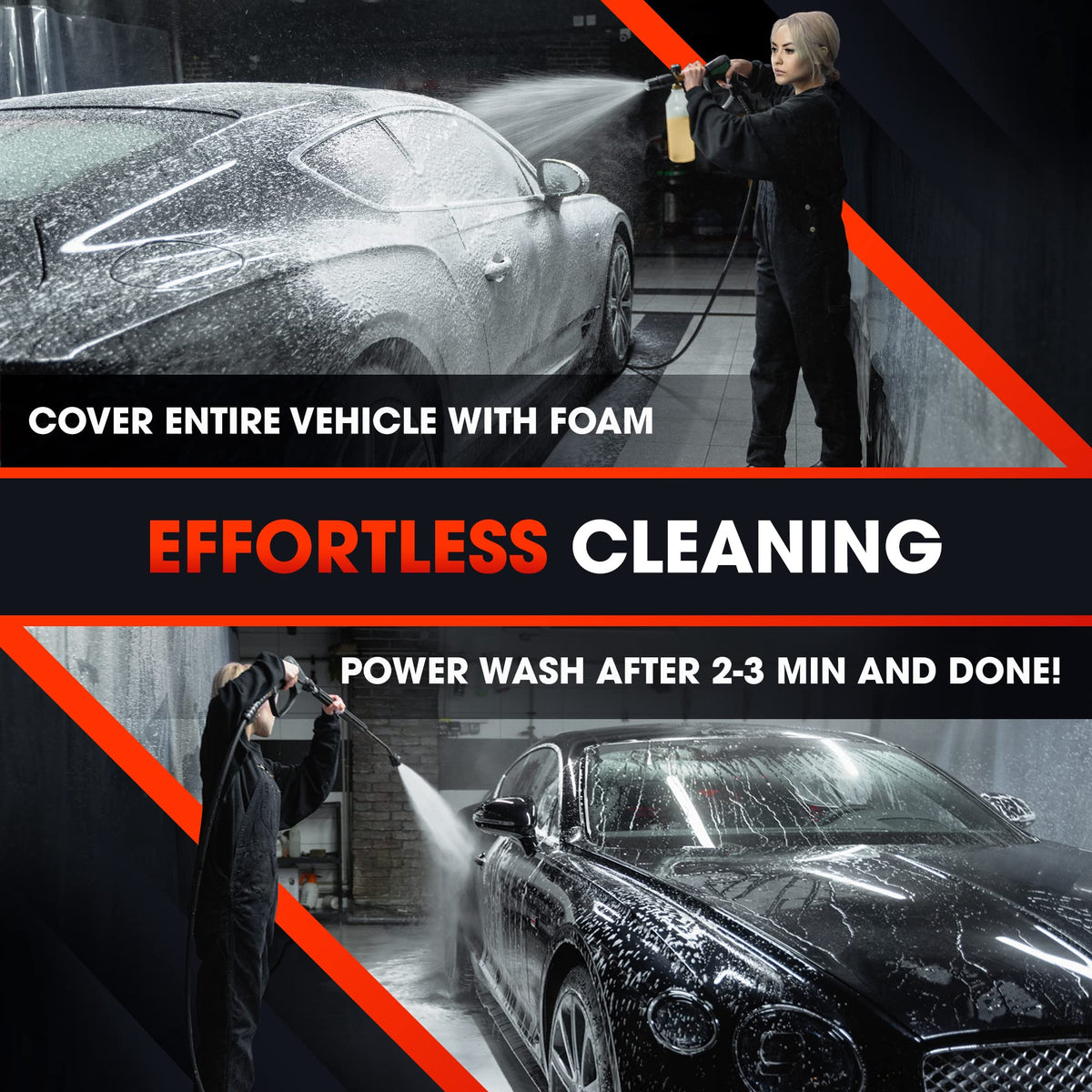 Swift Auto Care close-up of dense white foam clinging to surface to break down grime