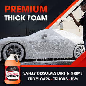 Swift Auto Care foam cannon spraying thick foam over SUV for faster dirt lift
