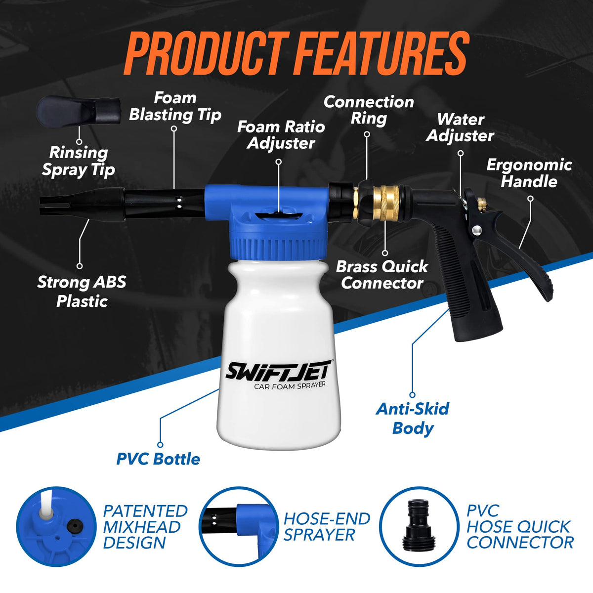 SwiftJet closeup of 3/8-inch brass connector, ensuring secure garden hose attachment