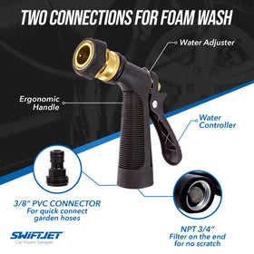 SwiftJet soap bottle beside a hand for scale, showing compact, replaceable reservoir