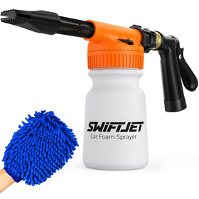 SwiftJet front view of orange foam gun showing compact hose attachment and easy grip benefit