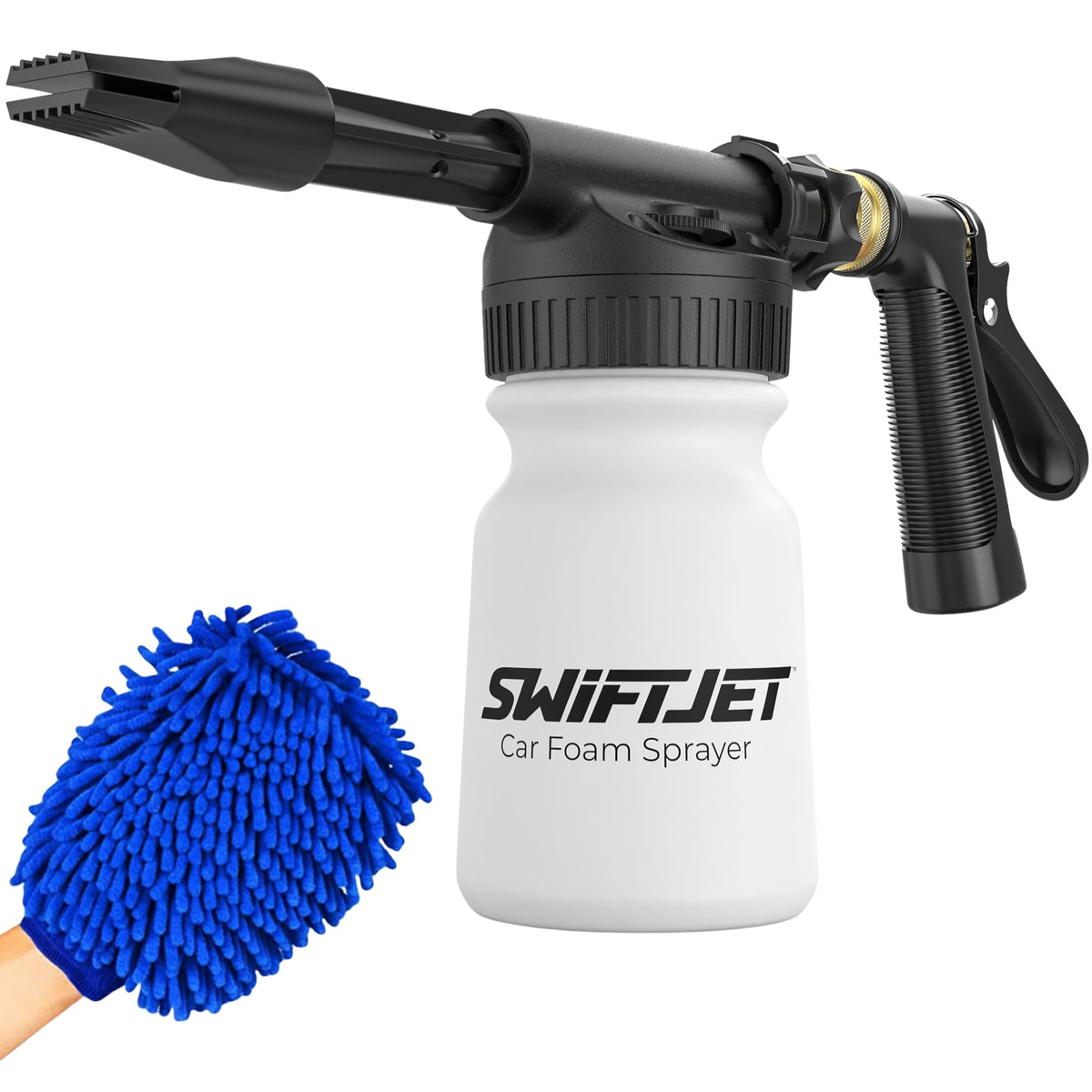 SwiftJet foam gun front view showing nozzle and bottle, clear setup benefit