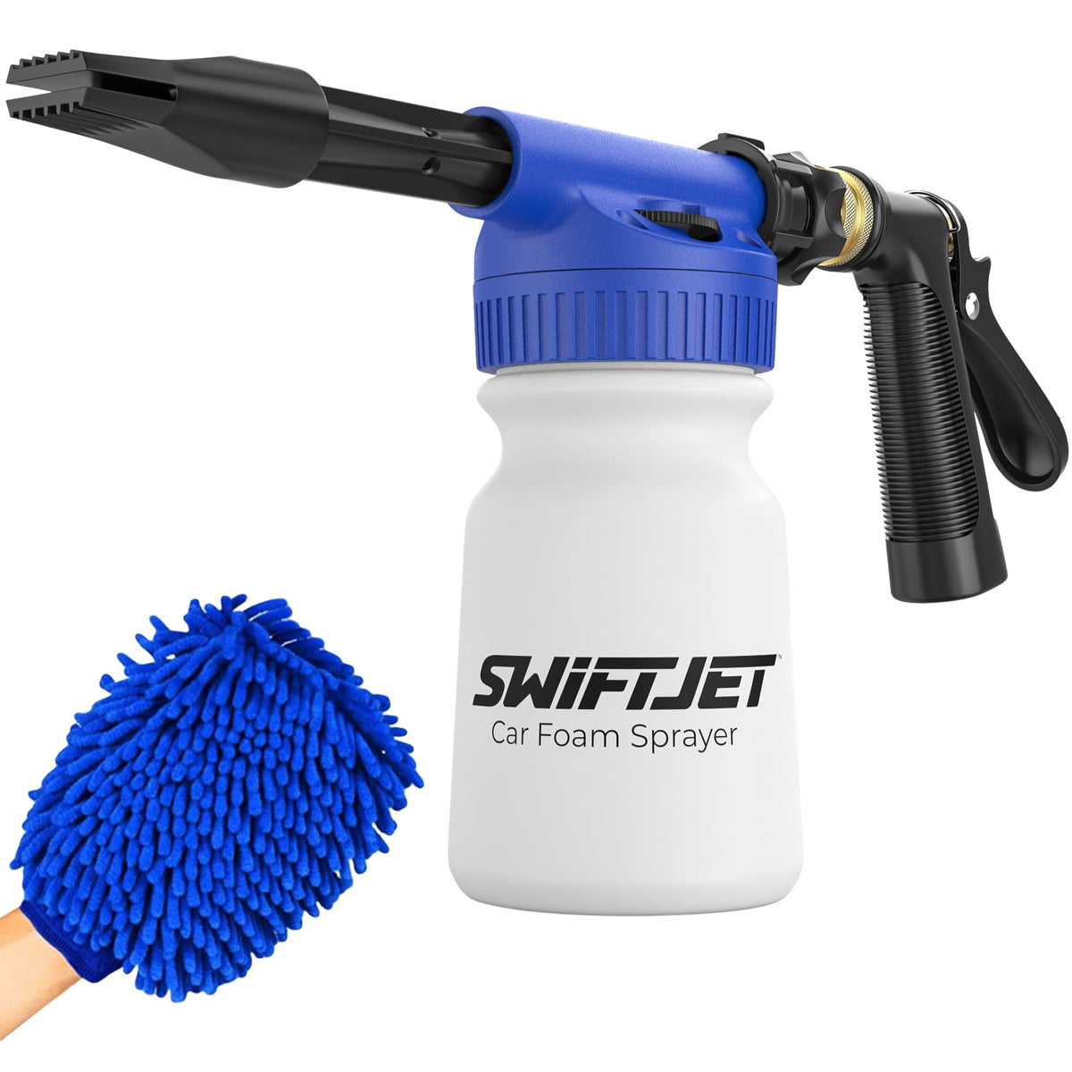 SwiftJet front view of foam gun kit showing bottle and mitt, ideal for home detailing