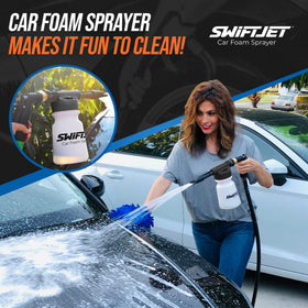 SwiftJet driveway wash scene with family using kit, enjoyable easy cleaning benefit