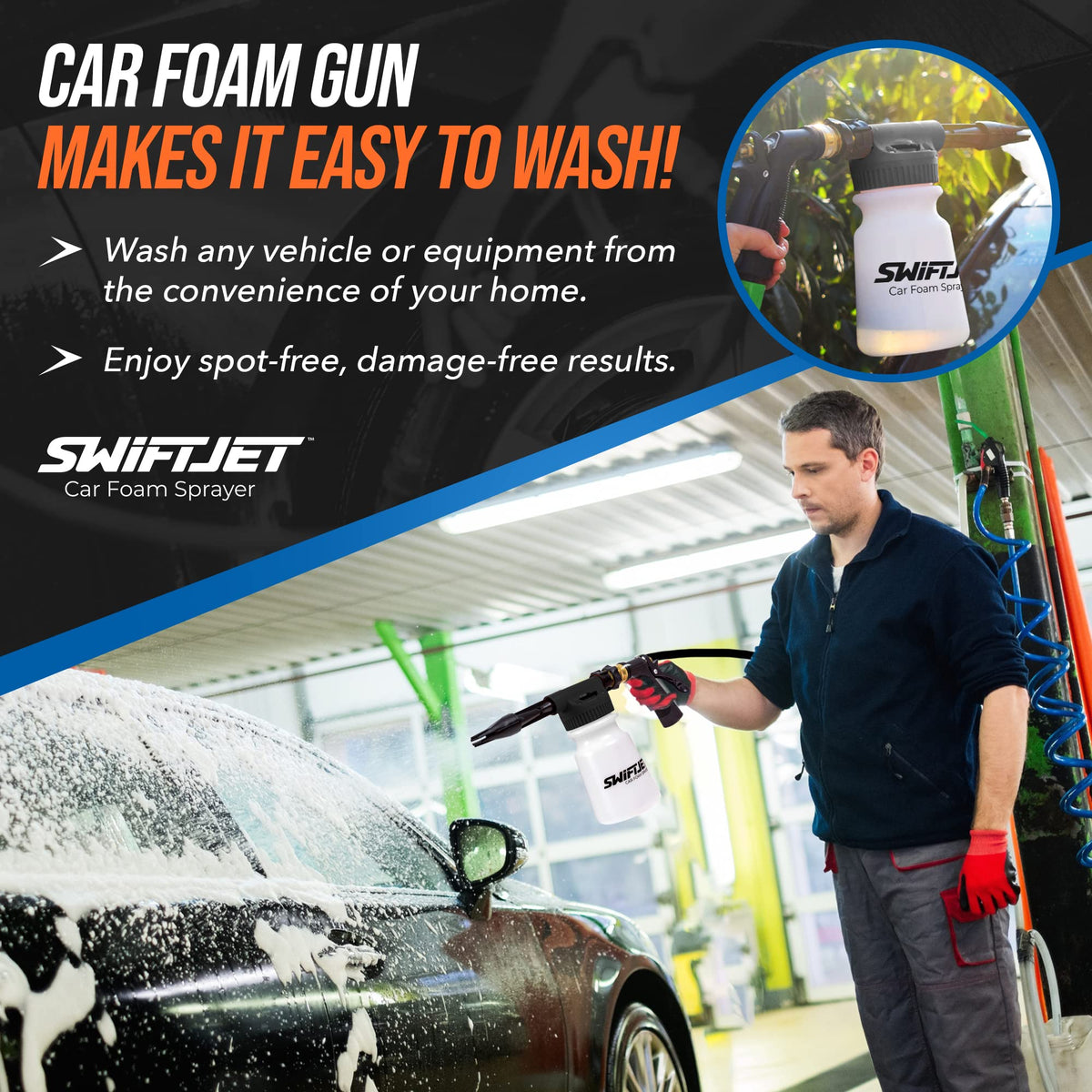 SwiftJet foam gun beside hand for scale, lightweight handling benefit