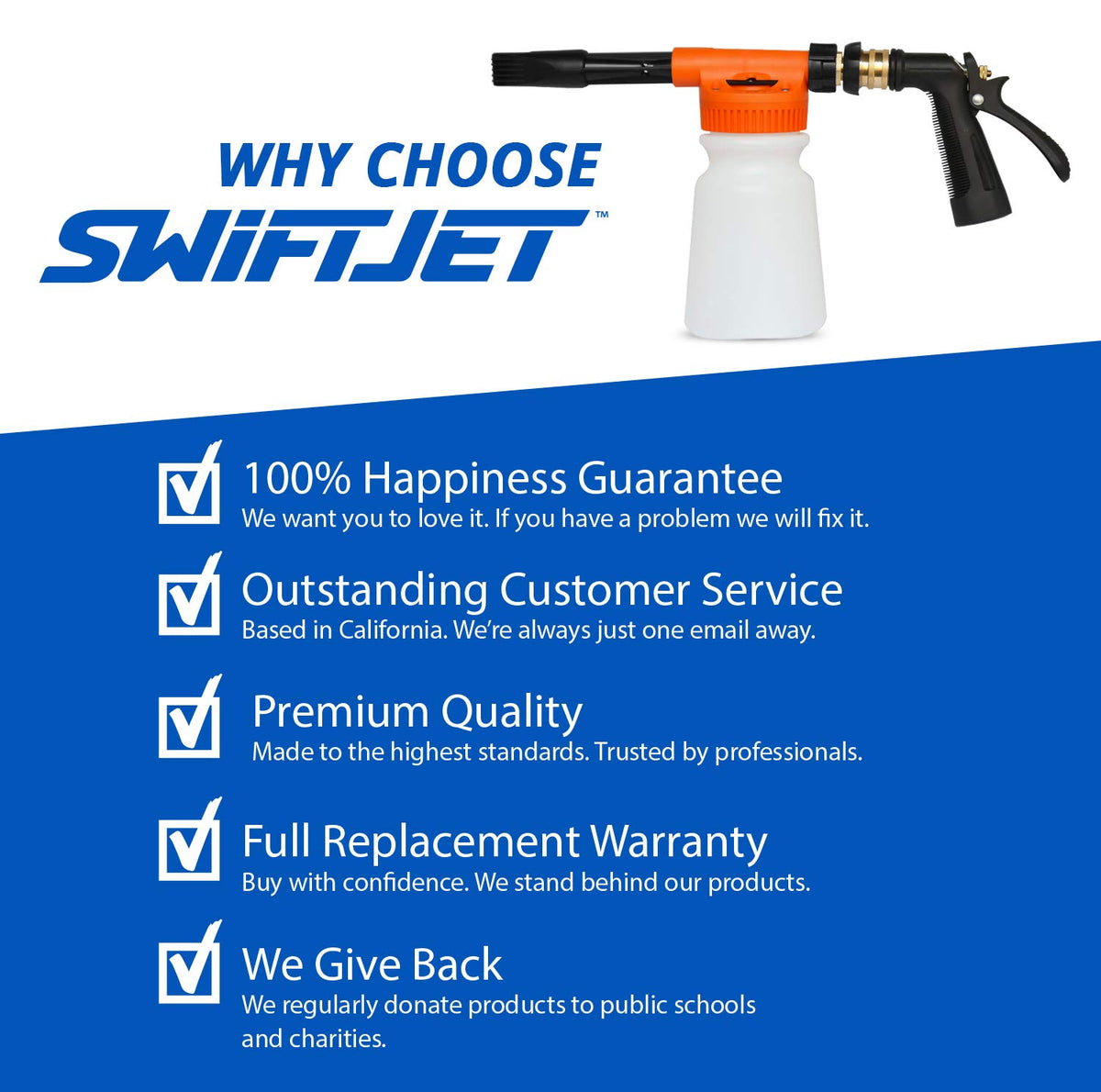 SwiftJet foam gun stored on a garage shelf illustrating compact storage and convenience benefit