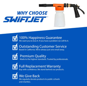SwiftJet foam gun stored on a garage shelf illustrating compact storage and convenience benefit