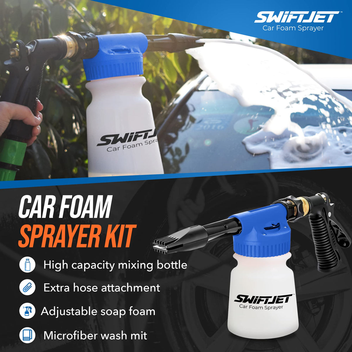 SwiftJet in use on car in driveway, offering scratch-reducing foam wash