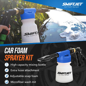 SwiftJet in use on car in driveway, offering scratch-reducing foam wash