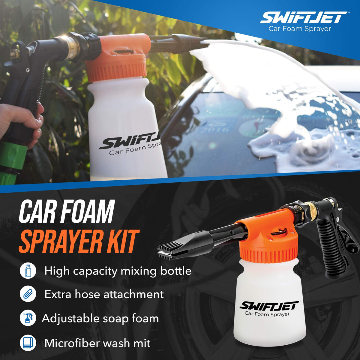 SwiftJet applying foam to a wheel showing wheel-safe degreasing and grime lifting benefit