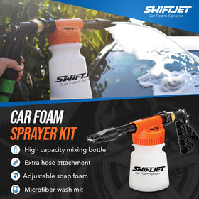 SwiftJet applying foam to a wheel showing wheel-safe degreasing and grime lifting benefit