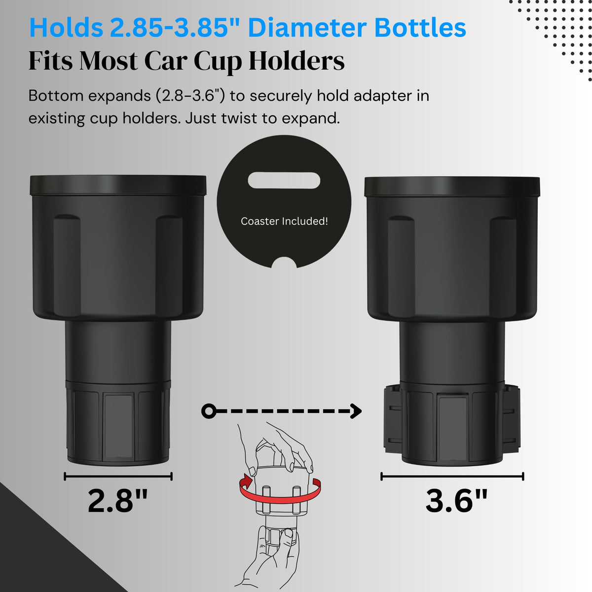 Swigzy installed with Yeti bottle in car cup holder, displays stable travel benefit