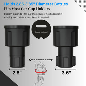 Swigzy installed with Yeti bottle in car cup holder, displays stable travel benefit
