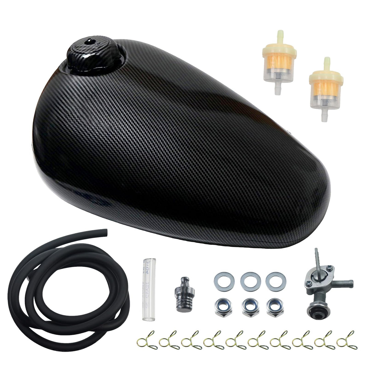 Swilpool front view of fuel tank showing sleek carbon-fiber pattern and larger capacity benefit