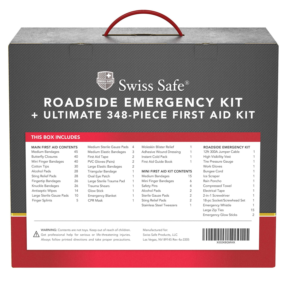Swiss Safe label and contents list visible for quick inventory and reassurance
