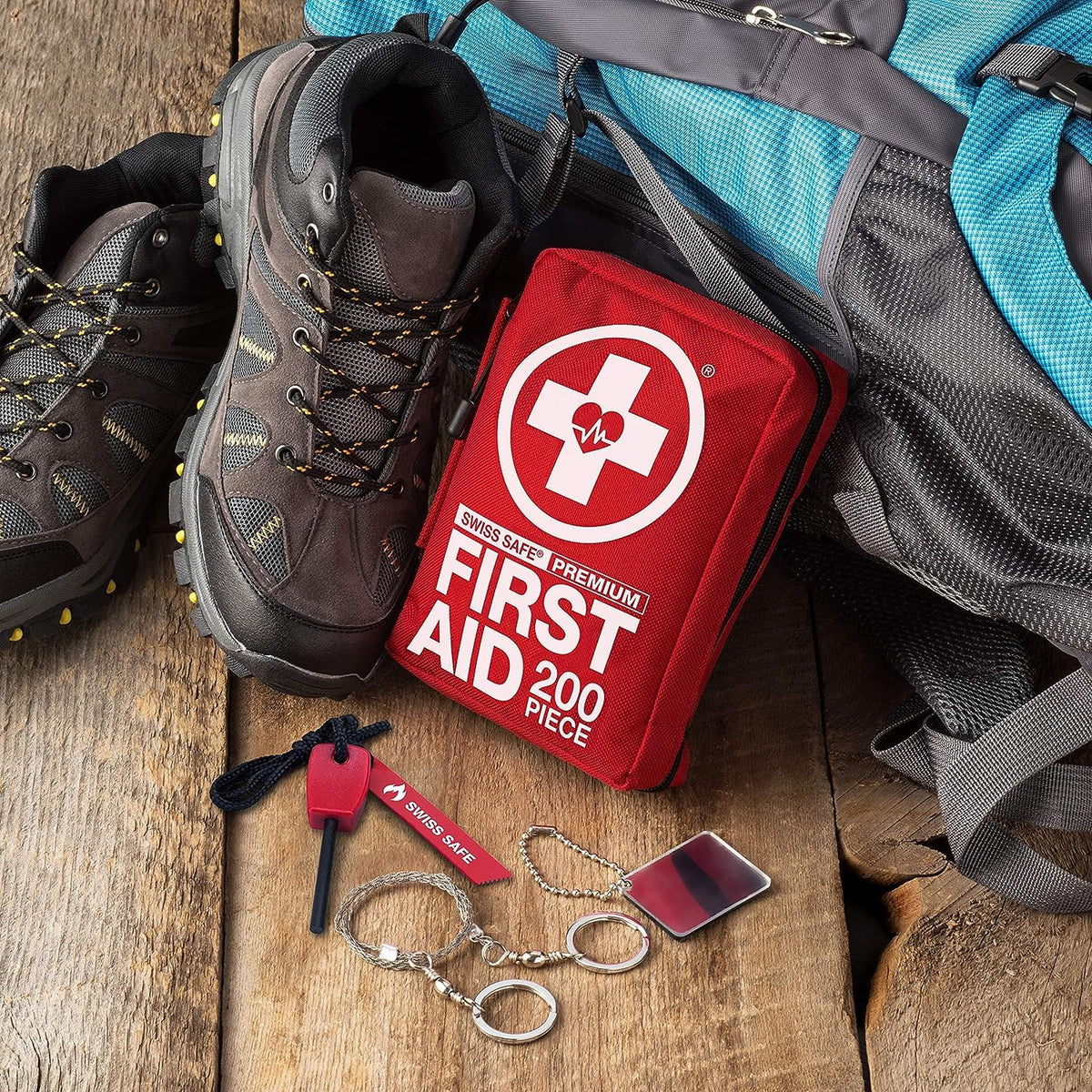Swiss Safe kit at campsite providing compact emergency supplies for outdoor trips
