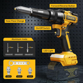 SXBSXB rivet gun attached to DeWalt 20V battery illustrating compatibility and portability
