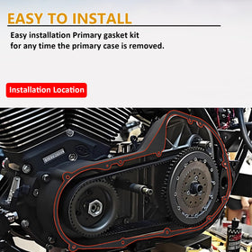 Syiono primary gasket seated on a Harley primary cover illustrating direct-replacement fit