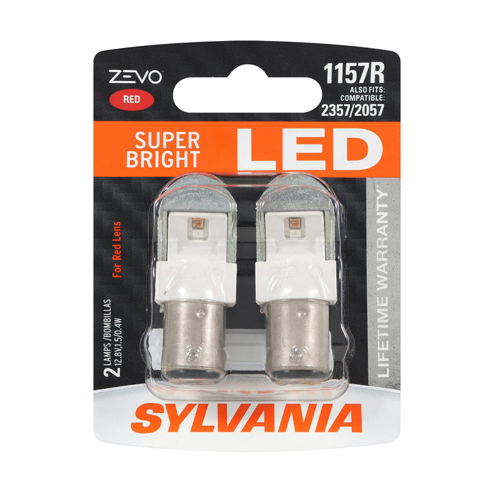 SYLVANIA 1157 ZEVO front packaging showing two red LED bulbs and branding for quick identification and confidence
