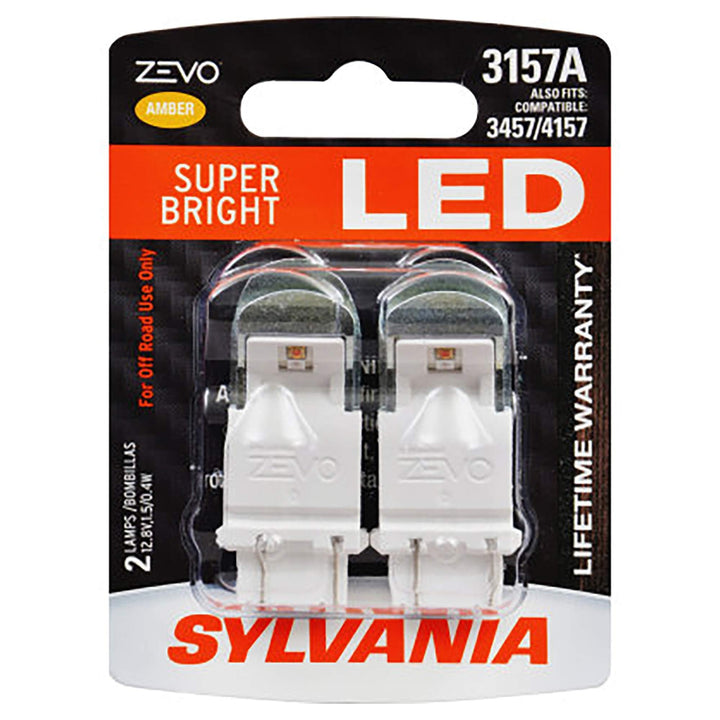 SYLVANIA 3157 ZEVO amber front packaging showing two bulbs and warranty