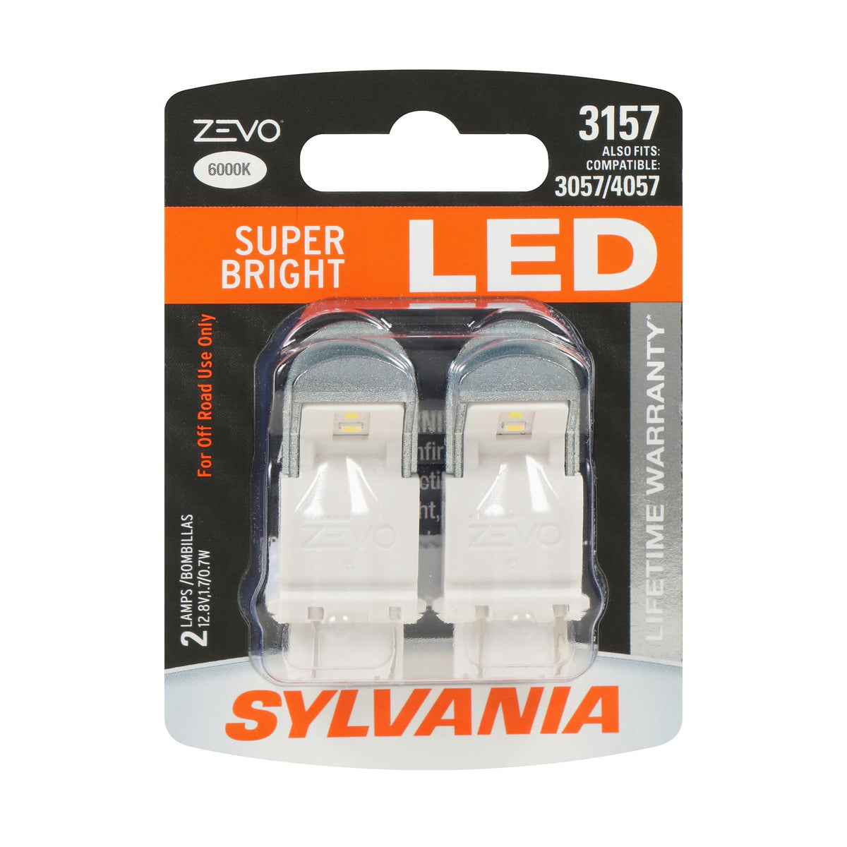 SYLVANIA 3157 ZEVO front packaging showing pair and clear benefits