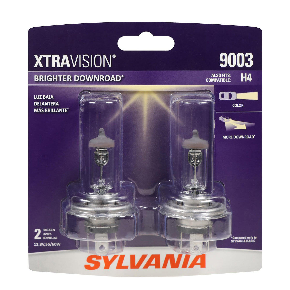 SYLVANIA 9003 XtraVision front packaging showing two bulbs and benefits
