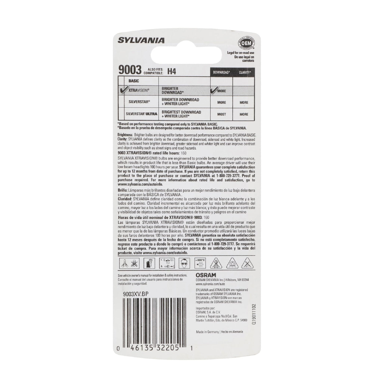 SYLVANIA XtraVision packaging and label highlighting model and compatibility benefits