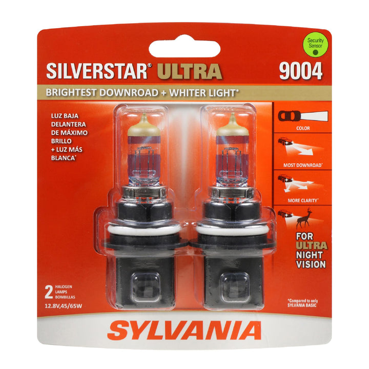 SYLVANIA 9004 SilverStar Ultra front packaging showing two bulbs and branding for clear purchase info