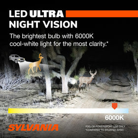 SYLVANIA 9005 LED Ultra packaging label showing product specs and fitment benefit