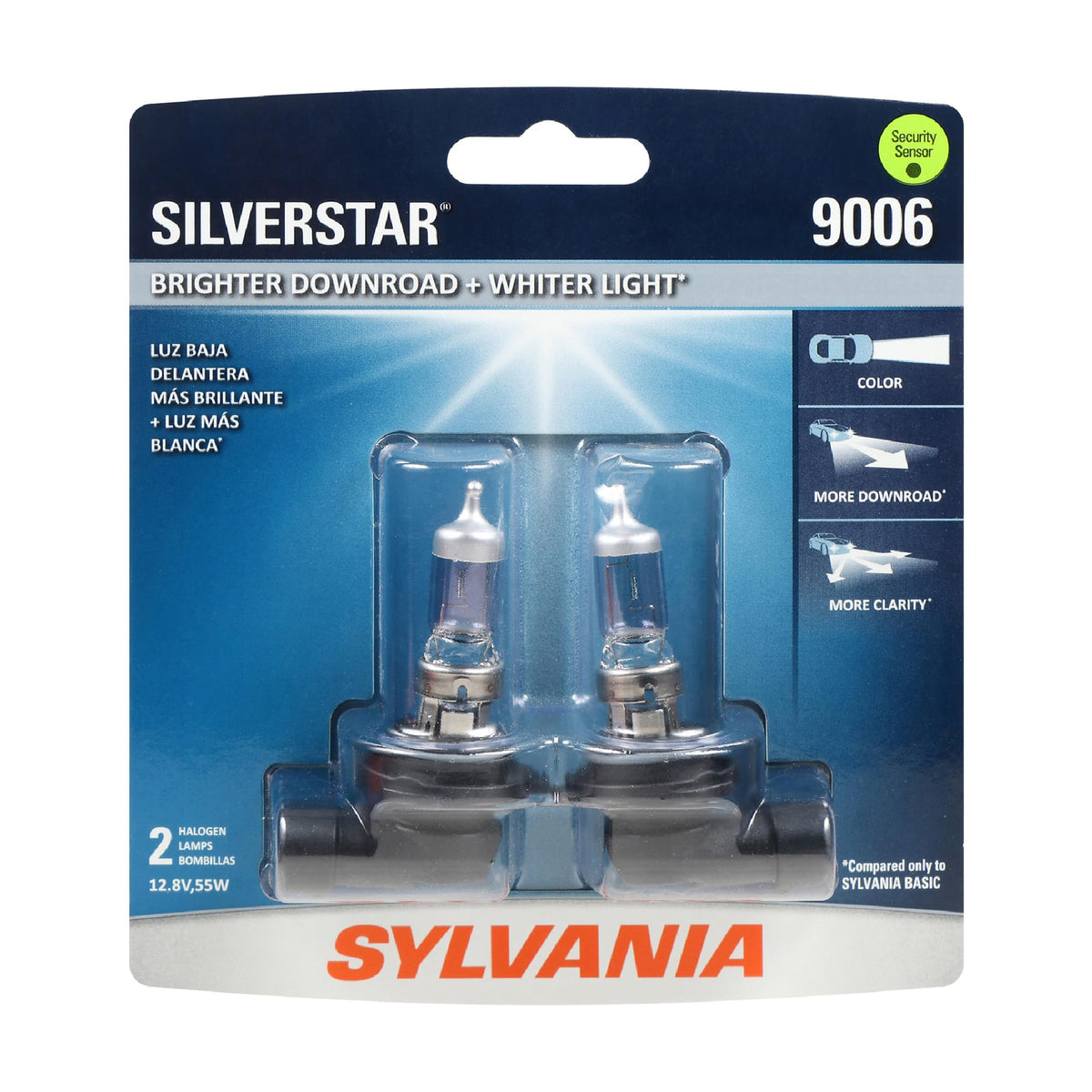sylvania front packaging showing a two-bulb set and clear product identity benefits