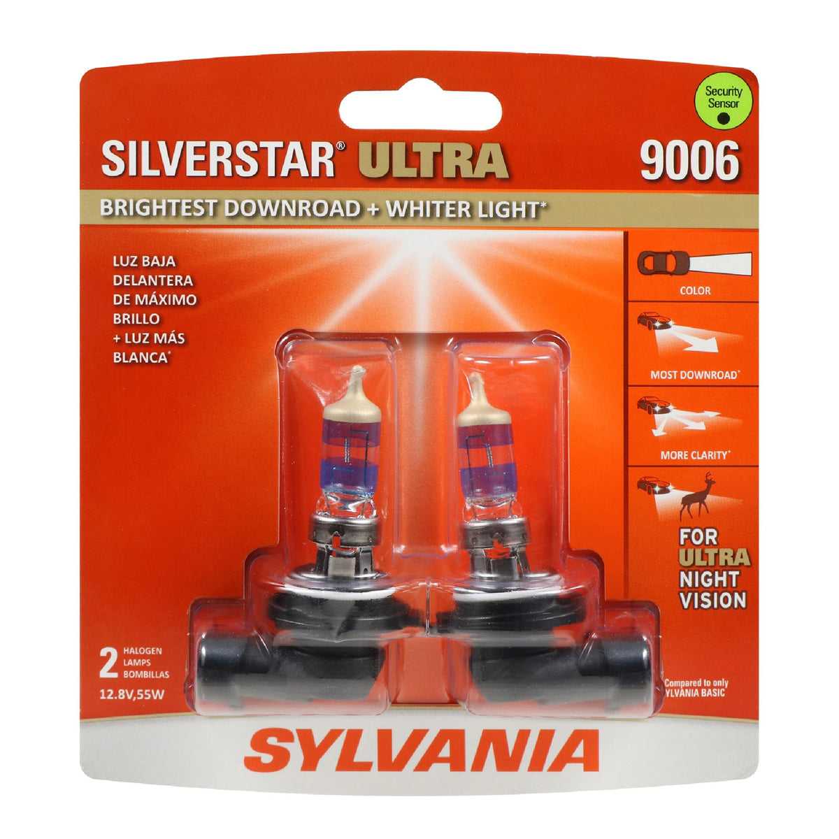 SYLVANIA 9006 SilverStar Ultra front packaging showing two bulbs and benefits