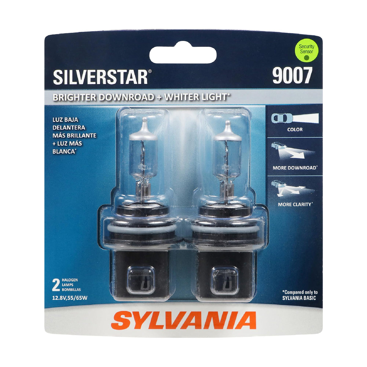 SYLVANIA 9007 SilverStar front packaging showing bulb pair and benefits